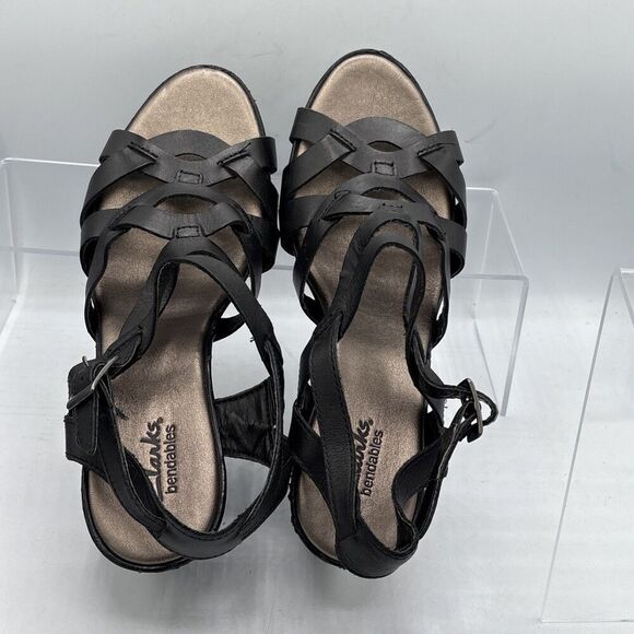 Clarks Bendables Black Leather Strappy Wedge Sandals Women’s 8.5 Comfort Buckle - Picture 6 of 13